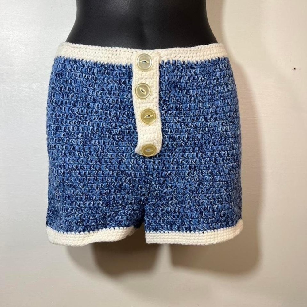 Vintage 80s handmade knit crochet shorts! Elastic no tags blue cozy sexy OOAK